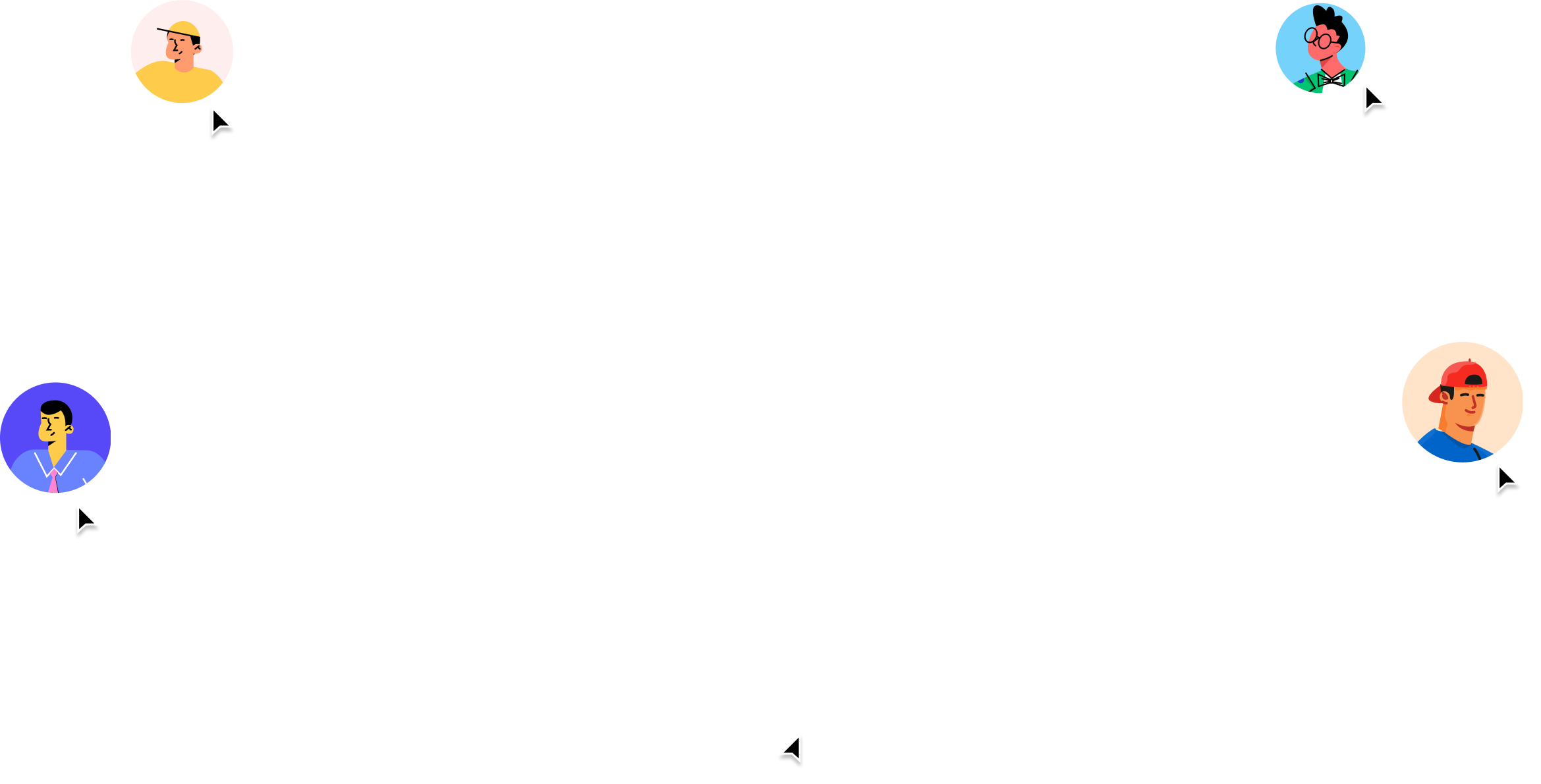 Decorative illustration of user avatars floating on the screen