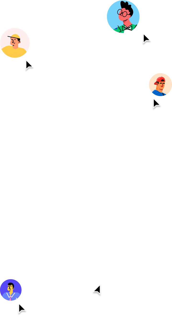 Decorative illustration of user avatars floating on the screen